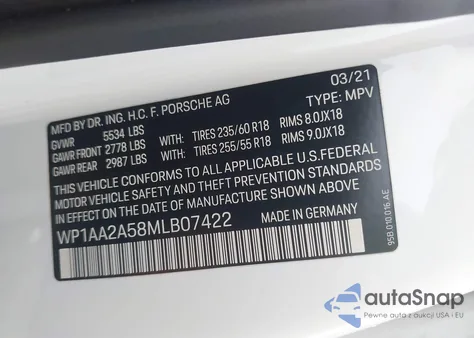 2021 Porsche Macan z USA, uszkodzony, nr VIN WP1AA2A58MLB07422